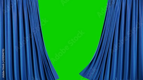 Blue velvet theater curtains in motion. Opening curtains with green chroma key.