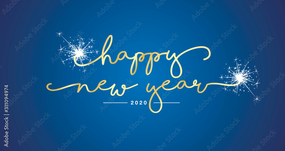 Happy New Year 2020 handwritten lettering tipography sparkle firework gold white blue background greeting card - obrazy, fototapety, plakaty 