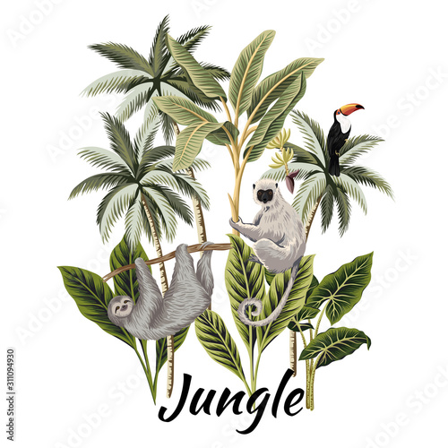 Tropical vintage palm trees, banana tree, toucan and animals floral illustration. Exotic jungle art print.