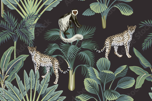 Tropical vintage monkey, leopards, palm trees, banana tree floral seamless pattern dark background. Exotic jungle wallpaper. © good_mood