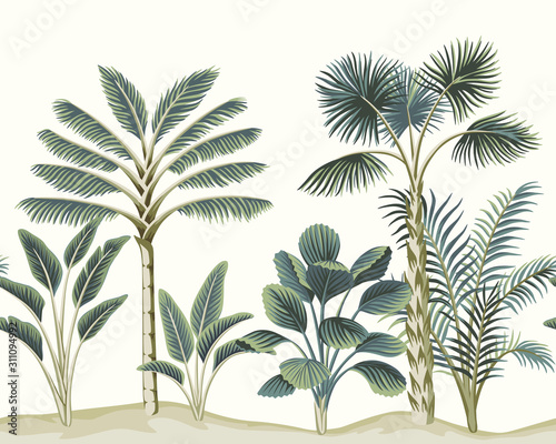Tropical vintage Hawaiian palm trees  banana tree  plant floral seamless pattern white background. Exotic jungle wallpaper.
