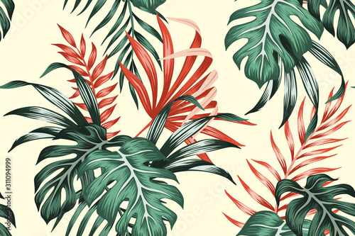 Tropical vintage red, green palm leaves floral seamless pattern yellow background. Exotic jungle wallpaper.