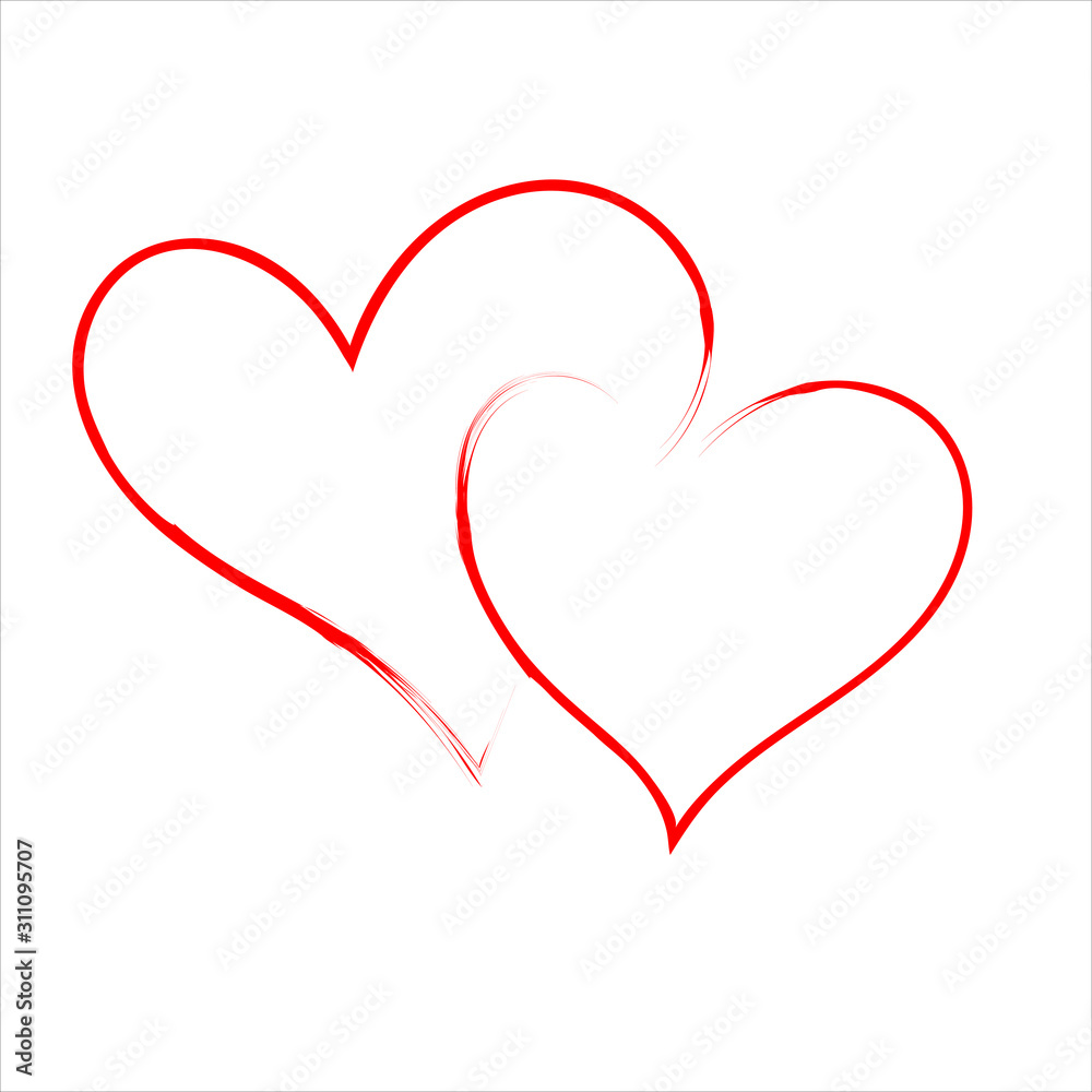 Couple of red outlined vector hearts on white background. Holiday Design element valentine. Icon love decor for web, wedding and print. Isolated Calligraphy lettering illustration.