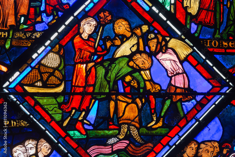 Bourges cathedral stained glass, Joseph orders grain to be poured into the Nile