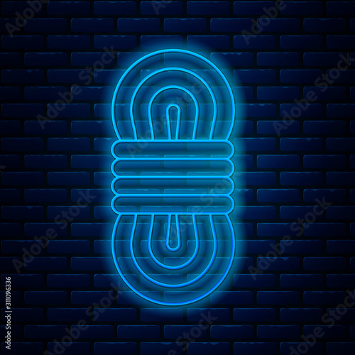 Glowing neon line Climber rope icon isolated on brick wall background. Extreme sport. Sport equipment. Vector Illustration
