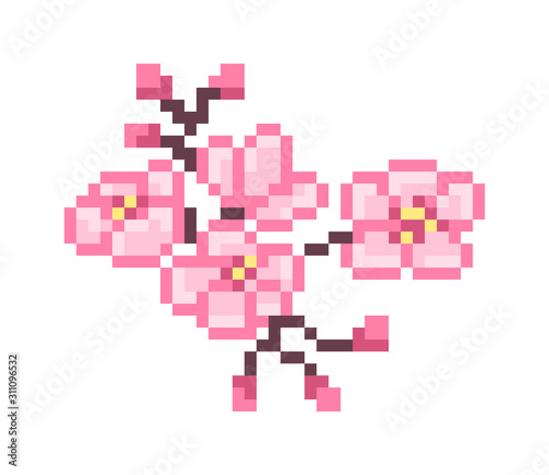 Blooming pink sakura branch with flowers and buds, pixel art icon isolated on white background.8 bit Japan nature symbol.Old school vintage retro slot machine/video game graphics.Cherry blossom decor.