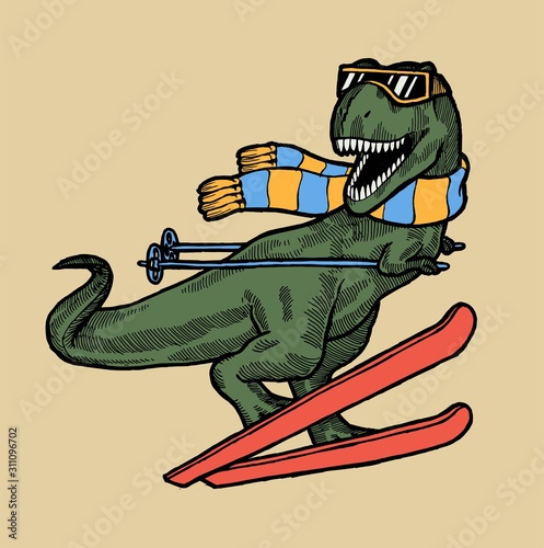 T-rex ski character. Dinosaur in glasses and scarf skiing. Funny winter sports dino.
