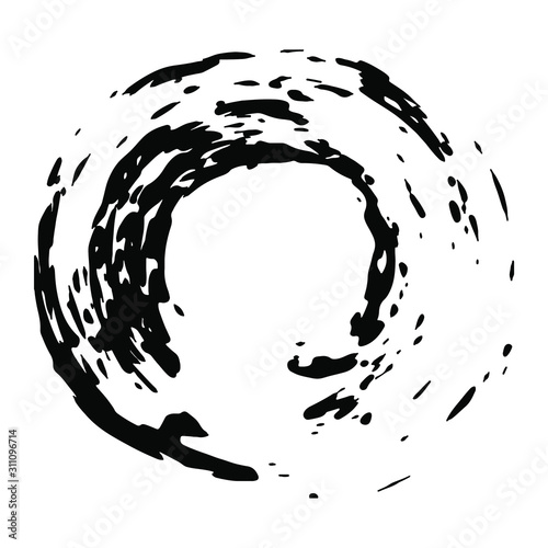 Calligraphy brush stroke, Japanese or Chinese style, round border frame isolated on white, watercolor, ink brush stroke black and white  vector illustration