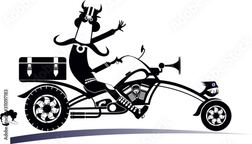 Cartoon biker man isolated illustration. Comic long mustache man riding a motorbike black on white