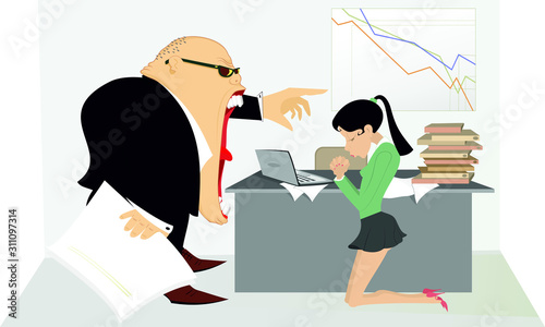 Angry boss and employee woman illustration. Angry chief scolds his frightened kneeling employee woman illustration 