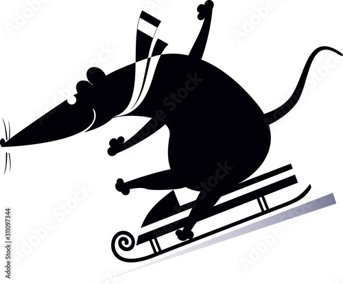Cartoon rat or mouse rides on sledge illustration. Cartoon rat or mouse rides on sledge black on white illustration