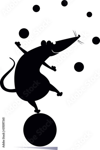Equilibrist rat or mouse on the big ball juggles the balls illustration. Funny rat or mouse balances on the big ball and juggles the balls black on white illustration