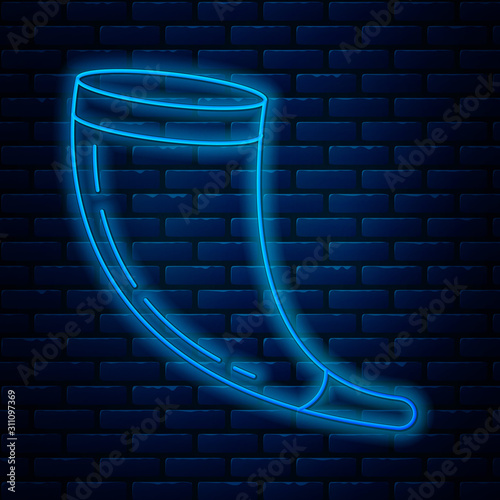 Glowing neon line Traditional ram horn, shofar icon isolated on brick wall background. Rosh hashanah, jewish New Year holiday traditional symbol. Vector Illustration