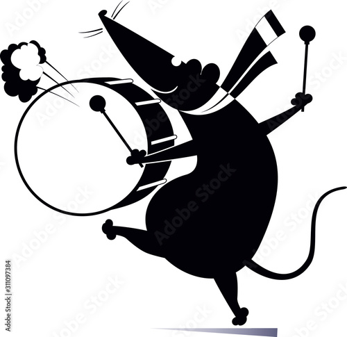 Funny rat or mouse a drummer isolated illustration. Cartoon rat or mouse beats a big drum using drumstick black on white illustration