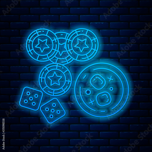 Glowing neon line Casino chips, game dice and glass of whiskey with ice cubes icon isolated on brick wall background. Casino poker. Vector Illustration