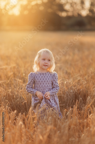 beautiful girl child blonde blue eyes sunset beige sun field wheat smile portrait hat straw linen toddler childhood natural ecological village Russia Ukraine Belarus health banner place for text