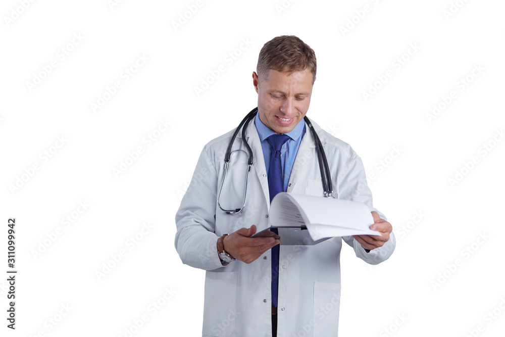 Male doctor standing with folder, isolated on white background Male doctor standing with folder, isolated on white background