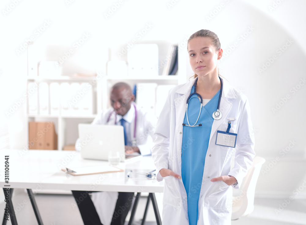 Medicine doctor offering hand to shake in office closeup. Doctors Medicine doctor offering hand to shake in office closeup. Doctors
