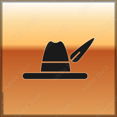 Black Oktoberfest hat icon isolated on gold background. Hunter hat with feather. German hat.  Vector Illustration
