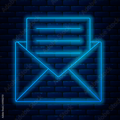 Glowing neon line Envelope with invitation card icon isolated on brick wall background. Vector Illustration