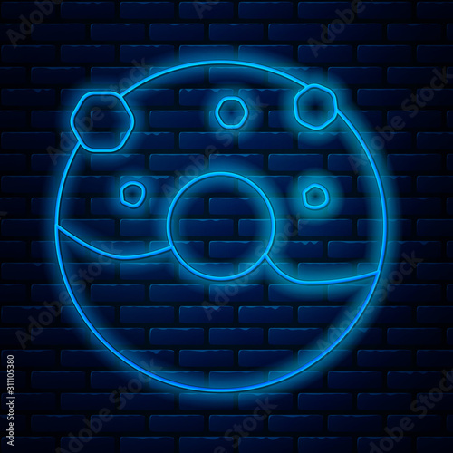 Glowing neon line Donut with sweet glaze icon isolated on brick wall background. Vector Illustration