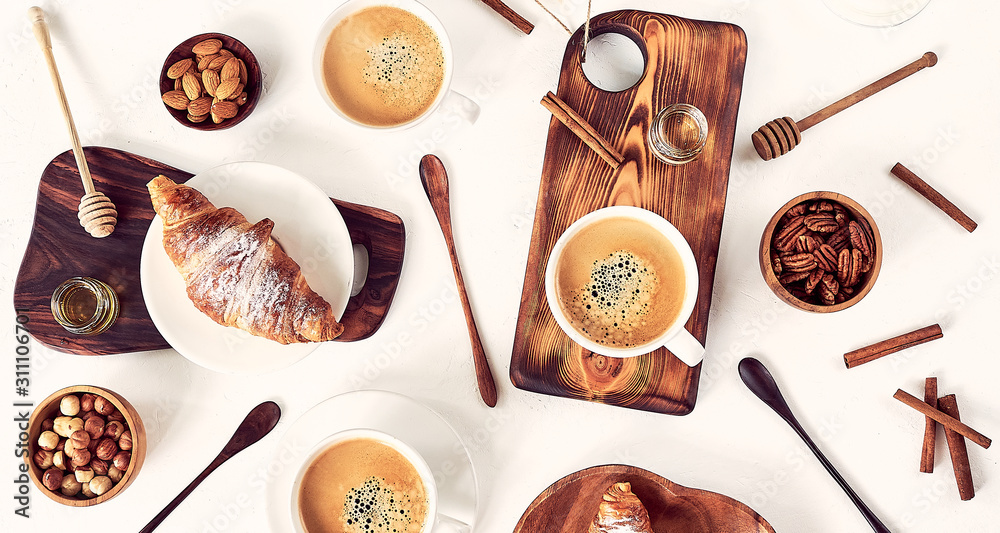 french breakfast, coffee and croissant, top view, flat lay