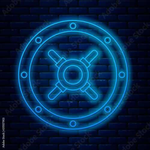 Glowing neon line Safe icon isolated on brick wall background. The door safe a bank vault with a combination lock. Reliable Data Protection. Vector Illustration