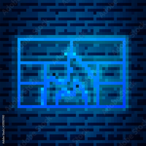 Glowing neon line Firewall, security wall icon isolated on brick wall background. Vector Illustration