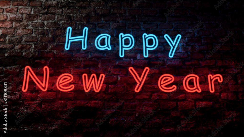 Close up view of neon sign Happy New Year on red brick wall.2020. Pink Blue. 3D rendered.
