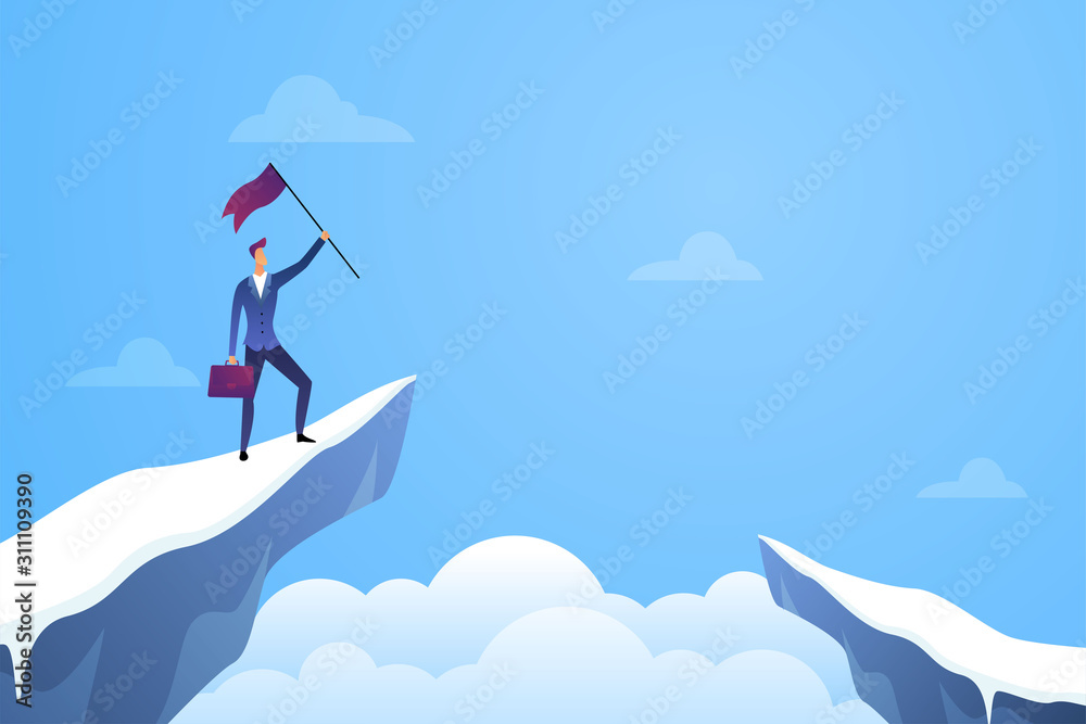 Successful businessman holding a flag on top of mountain vector. Symbol of success, achievement victory, top career and leadership flat illustration