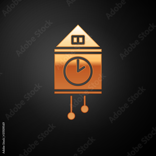 Gold Retro wall watch icon isolated on black background. Cuckoo clock sign. Antique pendulum clock.  Vector Illustration