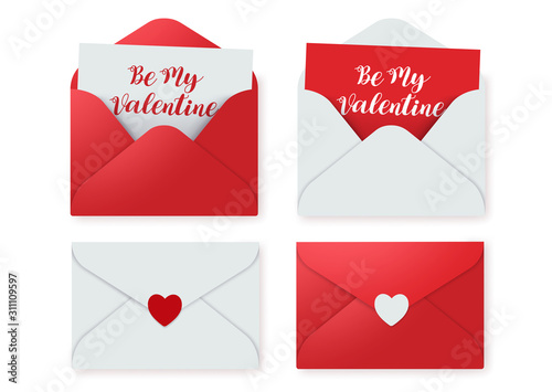 Love letters vector elements set. Love letter of valentines card red invitation with message isolated in white background. Vector illustration. 