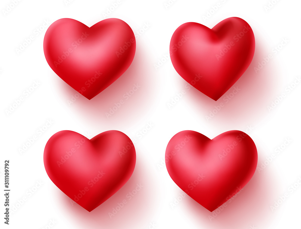 Heart valentines vector decoration set. Red hearts element for valentine sign and symbol isolated in empty white background. 3d realistic vector illustration. Heart valentines vector decoration set. Red hearts element for valentine sign and symbol isolated in empty white background. 3d realistic vector illustration.