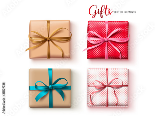 Gift present vector set. Gifts element for christmas, birthday and anniversary celebration in colorful wrapper isolated in white background. Vector illustration.