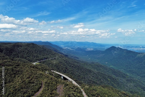 Aerial view of famous Imigrantes's Road in the saw. Great landscape between mountains. Serra do Mar's State Park, São Paulo, Brazil