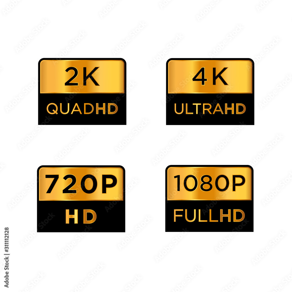 Golden video or screen resolution icons. Set from 4k ultra hd , 2k quad