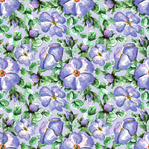 Seamless watercolor pattern with hand-drawn coral wild rose flowers for your print and textile design. light blue flowers and buds, green rosehip leaves on a blue background