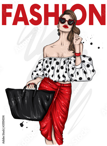 A beautiful, tall girl with long legs in a stylish skirt, glasses and blouse. Fashionable look. Clothes and accessories. Vector illustration.