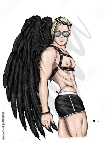 Handsome athletic guy in shorts, a crown and with angel wings. Muscular man Stripper. Illustration for postcard or poster. Fashion and style, clothes, accessories.