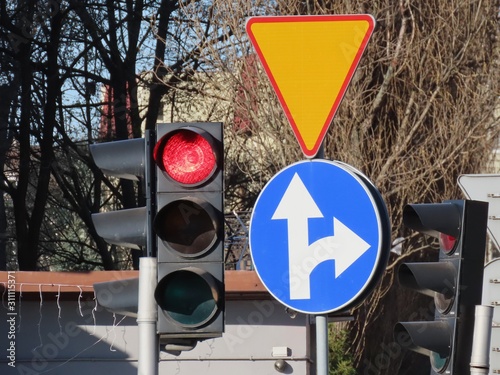 Traffic lights, road signs