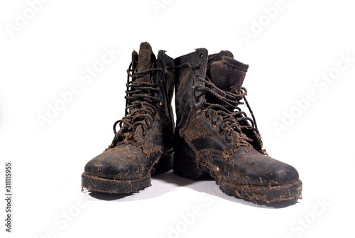 Old world war military leather boots. Black leather shoes.(with Clipping Path).