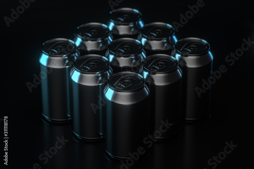 Cans with dark background, recyclable cans, 3d rendering.