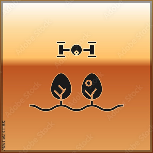 Black Smart farm with drone control and tree icon isolated on gold background. Innovation technology for agricultural company. Vector Illustration
