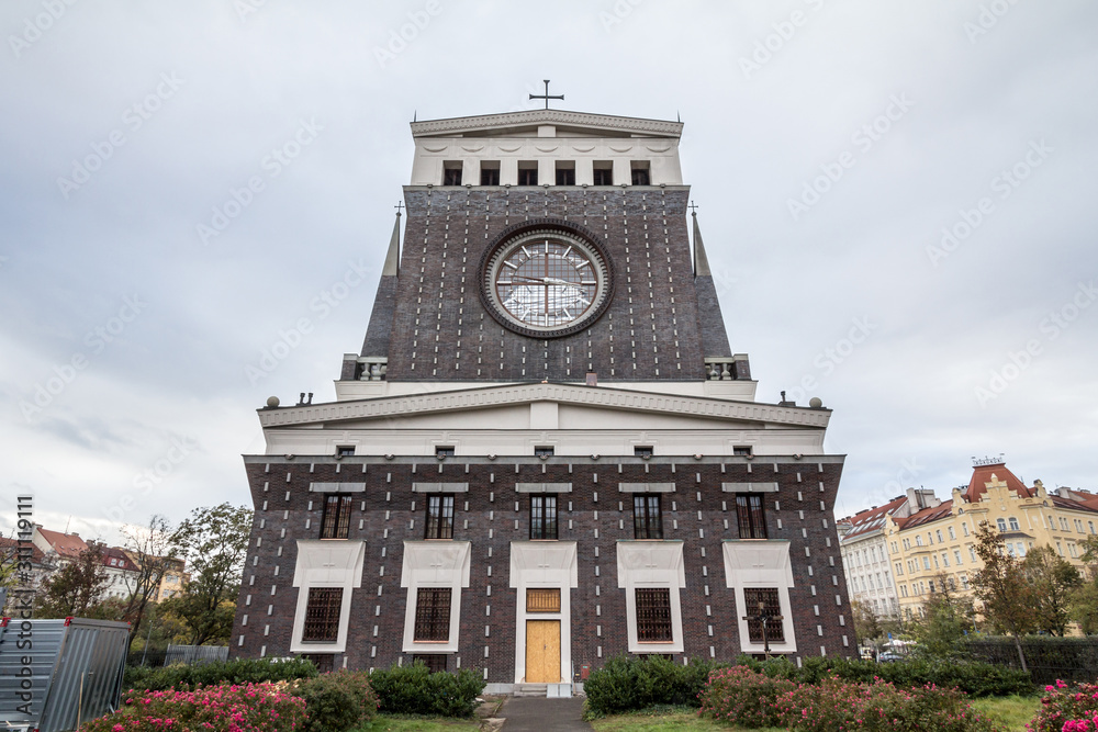 Kostel Nejsvetejsiho Srdce Pane of Prague, also called church of the most sacred heart of our lord. it is a contemporary catholic church located in Zizkov District, on the Jiriho z Podebrad square