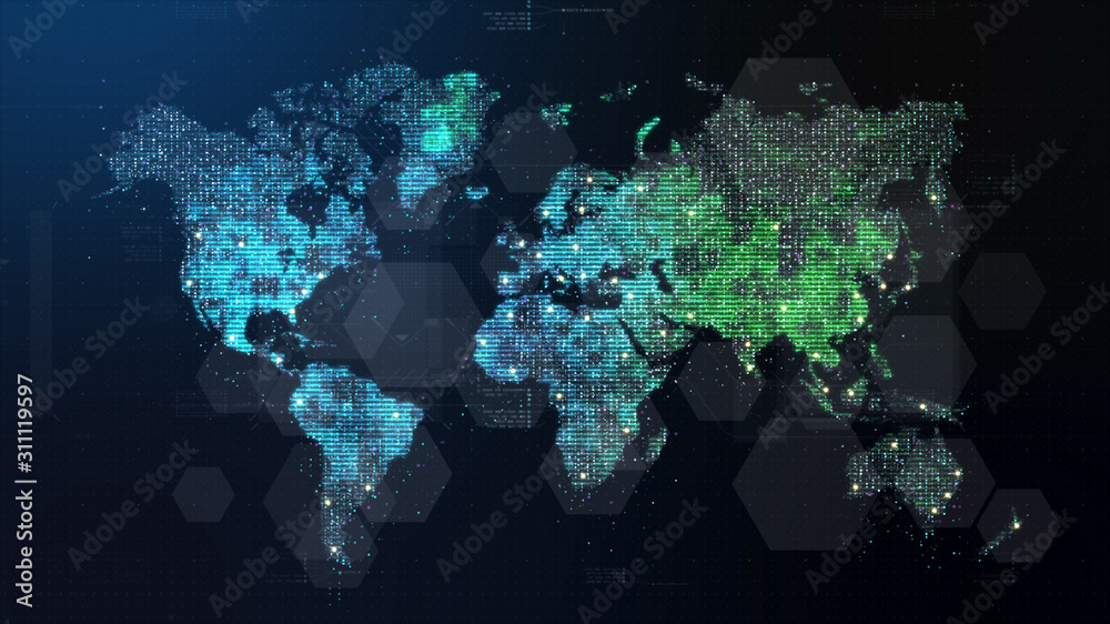 Fototapeta premium Futurystyczna globalna globalna komunikacja 5G za pośrednictwem szerokopasmowych połączeń internetowych między miastami na całym świecie z mapą kontynentu cząstek matrycowych na tle wyświetlacza head up