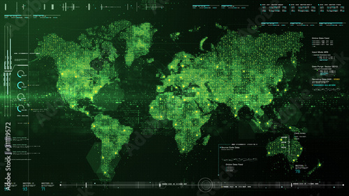 Futuristic global 5G worldwide communication via broadband internet connections between cities around the world with matrix particles continent map for head up display background