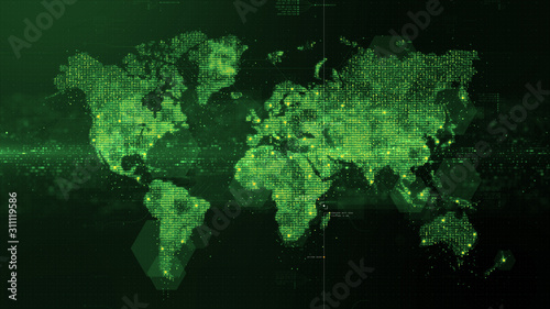 Futuristic global 5G worldwide communication via broadband internet connections between cities around the world with matrix particles continent map for head up display background