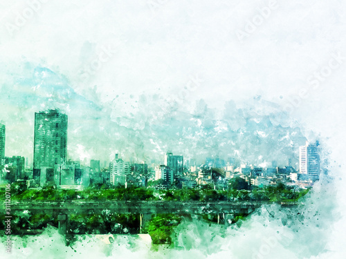 Abstract offices Building in the city on watercolor painting background. City on Digital illustration brush to art.