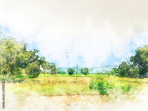 Abstract colorful shape on tree and field landscape watercolor illustration painting background. © Watercolor_Concept