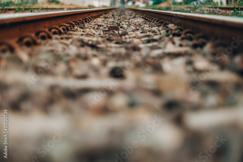 Close up railway track in the evevning , Vintage color concept , Railroad tracks photo